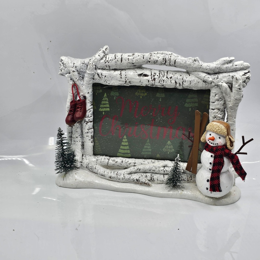 Christmas Snowman Birch Log Picture Frame Winter Rustic Holiday 3.5x5 photo